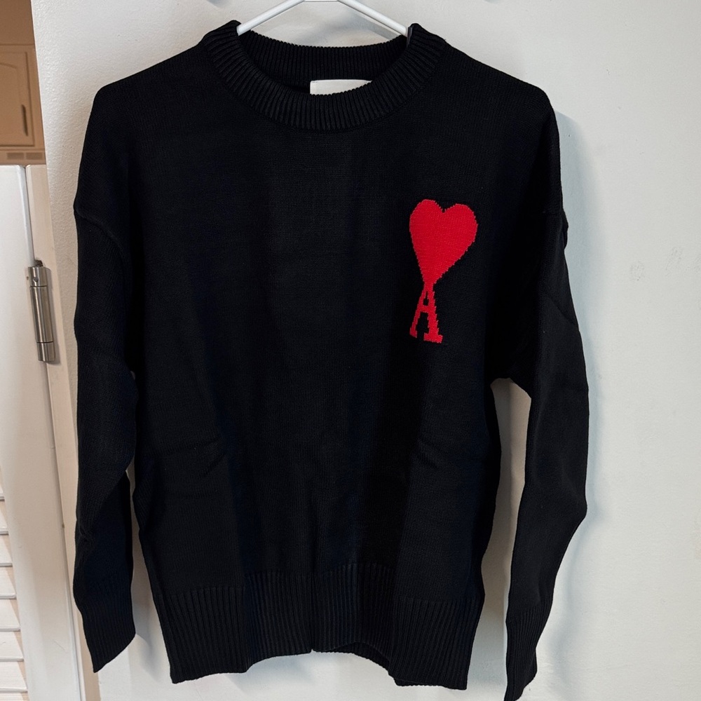 Black Crew Neck Sweater with Red Heart